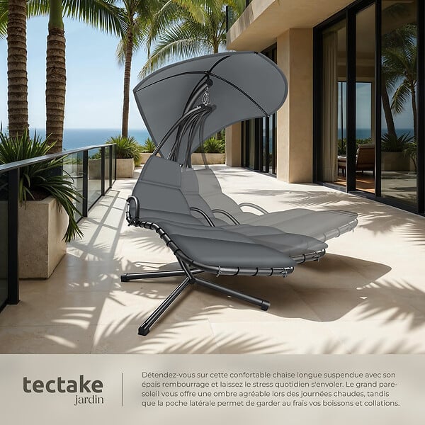 TECTAKE - Fauteuil suspendu en acier gris avec pare-soleil et poche latérale ergonomique 195 cm - large