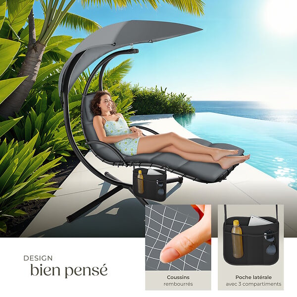 TECTAKE - Fauteuil suspendu en acier gris avec pare-soleil et poche latérale ergonomique 195 cm - large