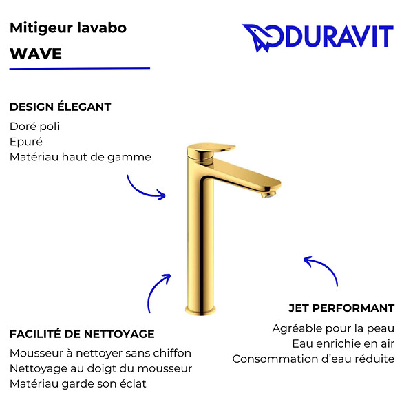 DURAVIT - Mitigeur lavabo Wave XL sans vidage doré poli - large
