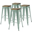 OVIALA - Lot de 4 tabourets de bar en métal mat vert gris et bois - Indus - vignette