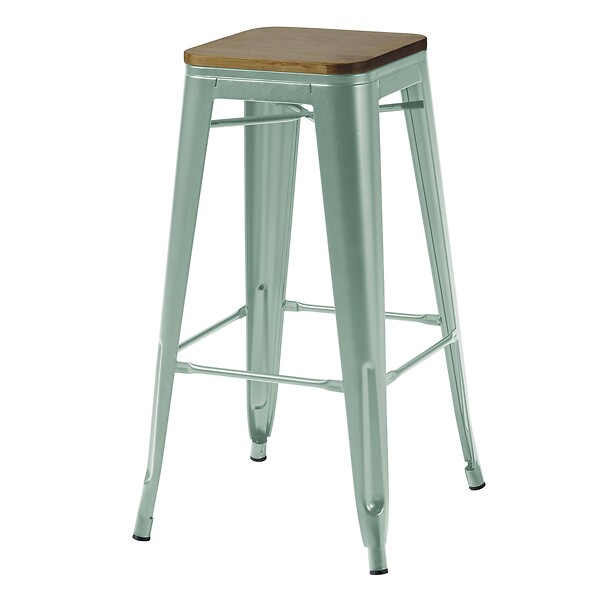OVIALA - Lot de 4 tabourets de bar en métal mat vert gris et bois - Indus - large