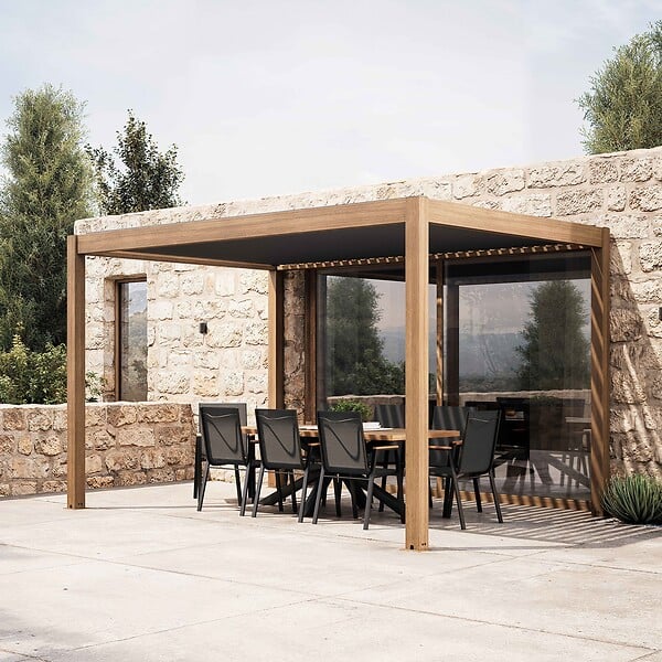 OVIALA - Pergola bioclimatique autoportée motorisée éclairée 3x4m et 2 stores - Kavala - large