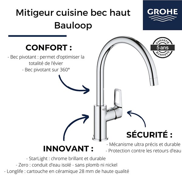 VILLEROY ET BOCH - Evier  Nestor Plus + Mitigeur cuisine bec haut Bauloop - large