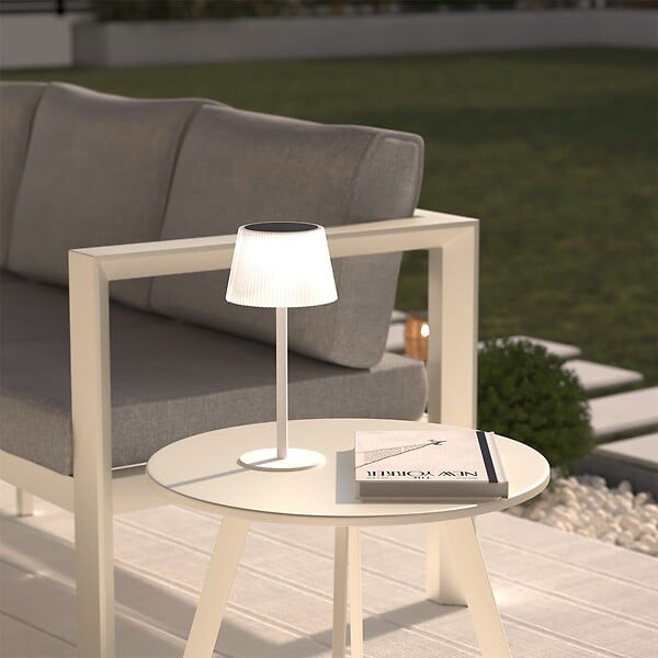 ATMOSPHERA - Lampe d'extérieur LED rechargeable USB ou Solaire base acier Blanc D 13 x H 30 cm - large