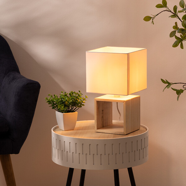 ATMOSPHERA - Lampe à poser en Bois et Abat-jour carré H 32 cm - large