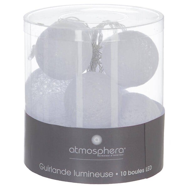 ATMOSPHERA - Guirlande décorative à piles 10 LED Boules en Coton Blanc D 6 x L 165 cm - large