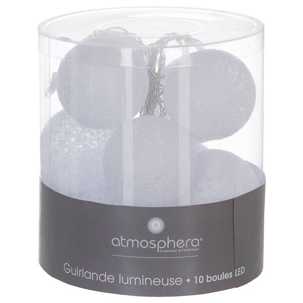ATMOSPHERA - Guirlande décorative à piles 10 LED Boules en Coton Blanc D 6 x L 165 cm - large