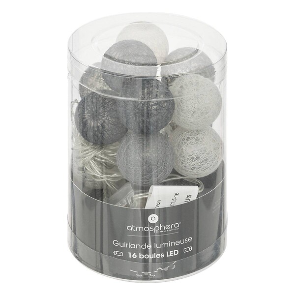 ATMOSPHERA - Guirlande décorative à piles 16 LED Boules en Coton D 3,5 x L 255 cm - Gris et Noir - large