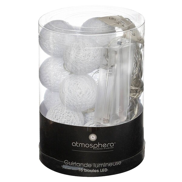 ATMOSPHERA - Guirlande décorative à piles 16 LED Boules en Coton Blanc D 3,5 x L 255 cm - large