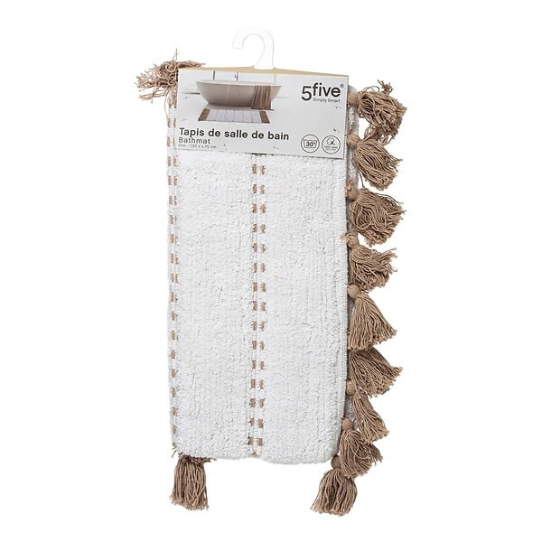 5 FIVE SIMPLY SMART - Tapis de Salle de bain Taupe en Coton avec pompons  50 x 75 cm - large