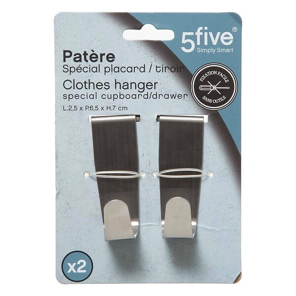 5 FIVE SIMPLY SMART - Lot de 2 Patères de porte 1 Crochet en Inox - large