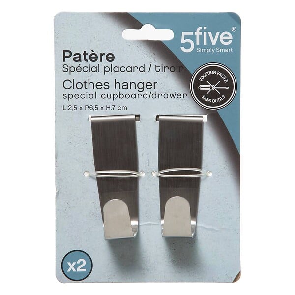5 FIVE SIMPLY SMART - Lot de 2 Patères de porte 1 Crochet en Inox - large