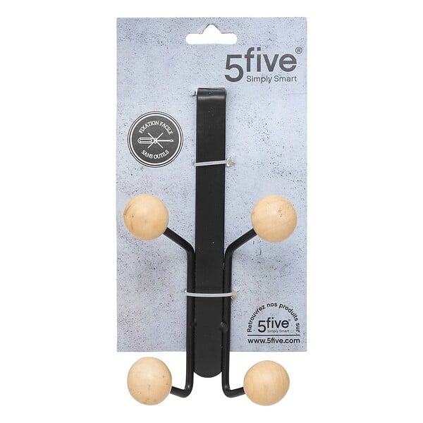 5 FIVE SIMPLY SMART - Patère de porte 4 Crochets boules bois et métal noir - large