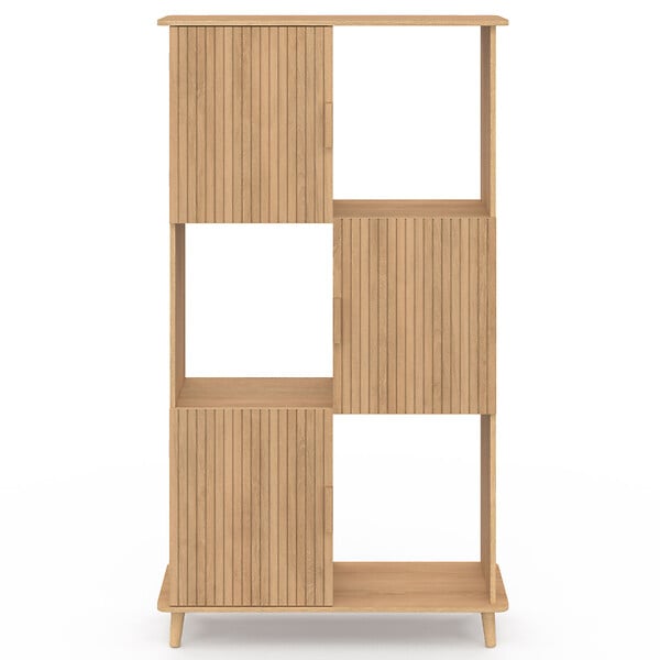 ID MARKET - Etagère bibliothèque 6 cases JULIETTE lattes tasseau bois coloris chêne avec placard - large