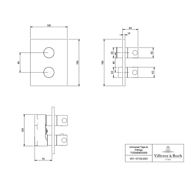 VILLEROY ET BOCH - Mitigeur thermostatique encastré 2 voies  Universal rectangle Chrome - large