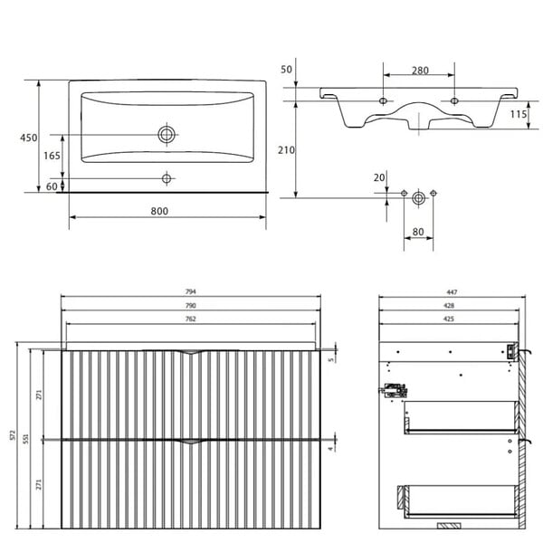 CERSANIT - Meuble salle de bain strié - 80 cm - avec plan vasque - Vert fjord mat - à suspendre - Tirso - large