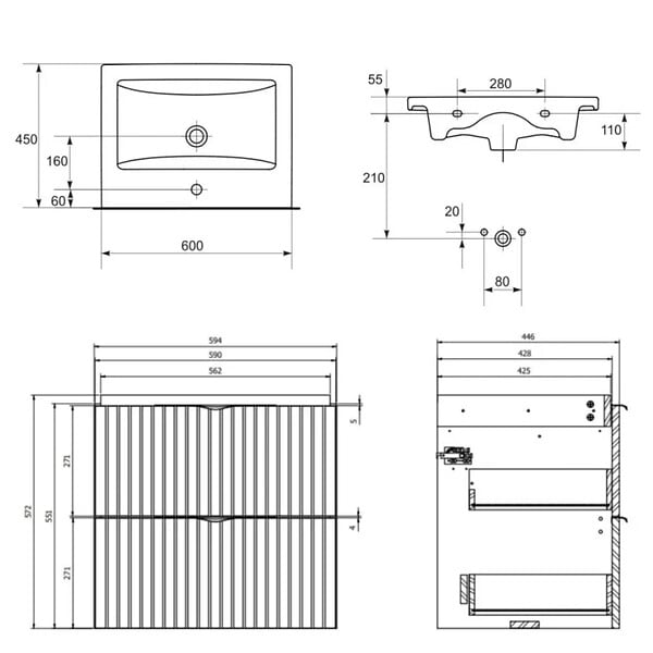 CERSANIT - Meuble salle de bain strié - 60 cm - avec plan vasque - Beige cachemire mat - à suspendre - Tirso - large