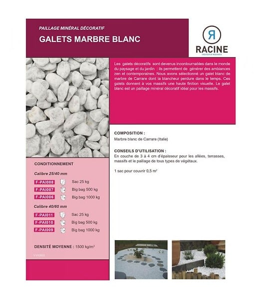 RACINE - Paillage minéral Galet marbre blanc Carrare 40-60mm, Big bag 500 kg - F-PAI010 - large