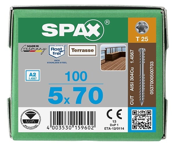 SPAX - 100 Vis Torx Autoforeuse 5x70 Spax-deck Inox A2 - Terrasse Bois Éxotique - large