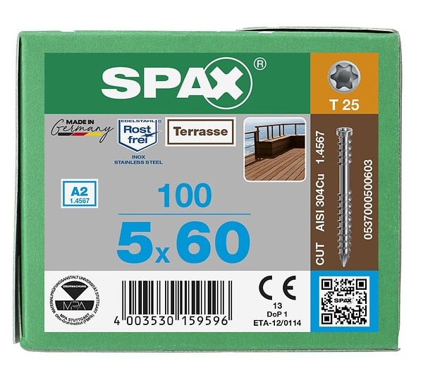 SPAX - 100 Vis Torx Autoforeuse 5x60 Spax-deck Inox A2 - Terrasse Bois Éxotique - large