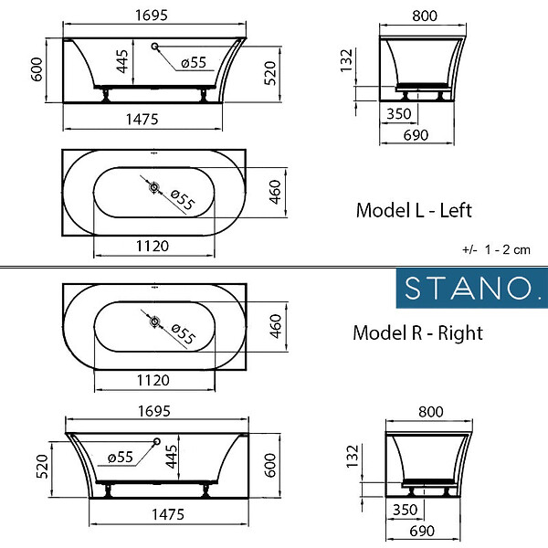 STANO - Baignoire semi-îlot design ELIZABETH blanche 170 cm Angle à droite - large