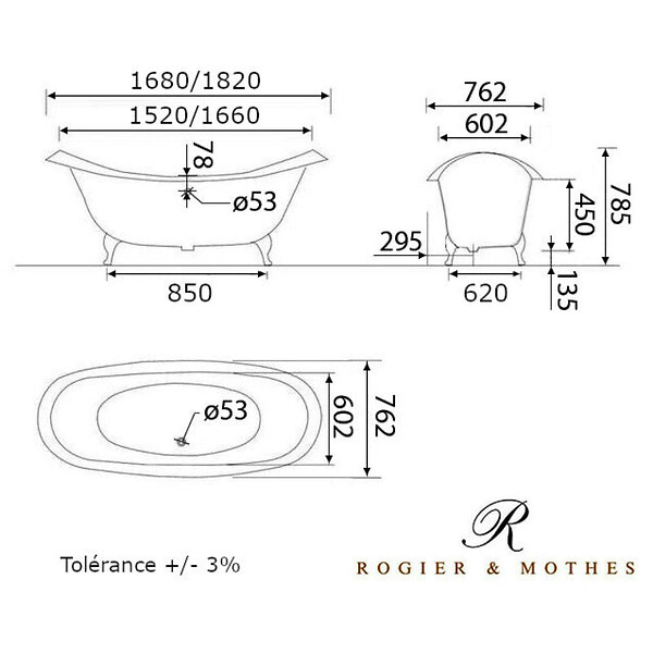 ROGIER & MOTHES - Baignoire sur pieds rétro en fonte KINGSTON Blanche 182 cm Pieds blancs - large