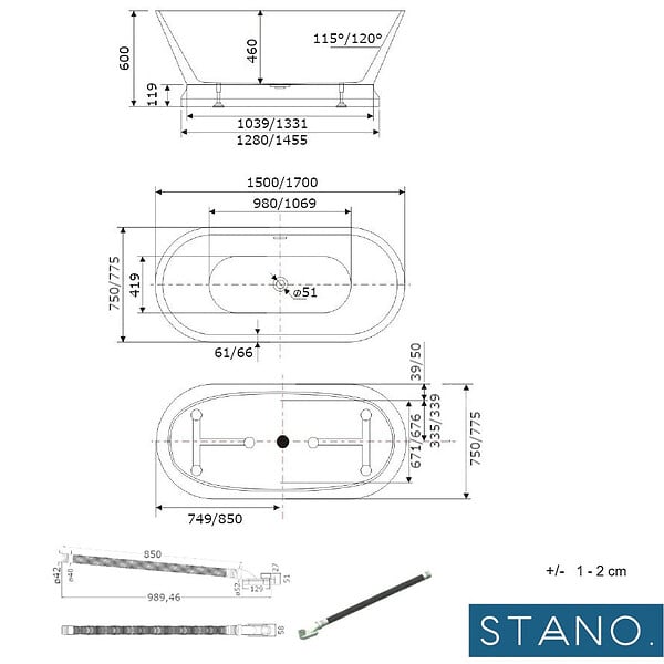 STANO - Baignoire îlot design sur socle ovale SEATTLE blanche 170 cm - large