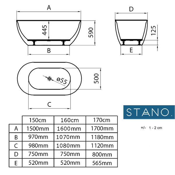 STANO - Baignoire îlot design ovale LISBON noir mat 160 cm - large