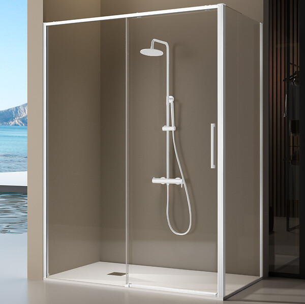 KASSANDRA - Paroi de douche fixe + porte coulissante DELTA blanc mat 164-166.6 cm - large