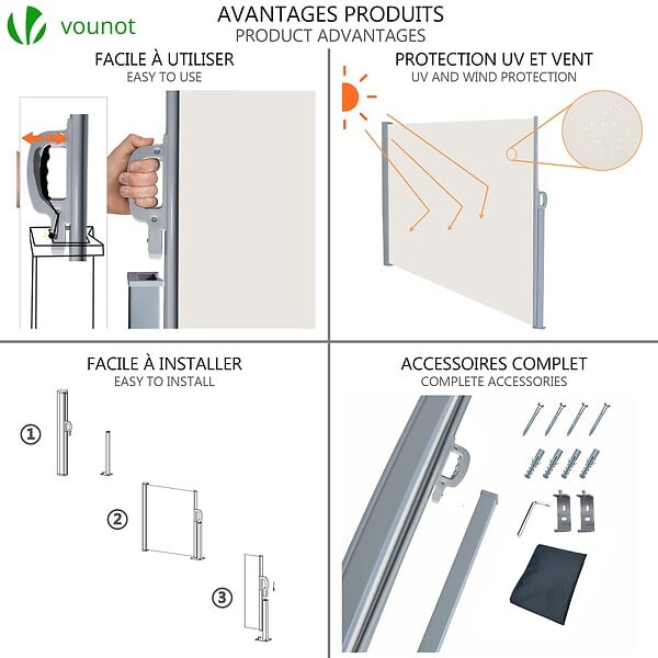VOUNOT - Paravent retractable avec housse de protection 180x300cm Beige - large