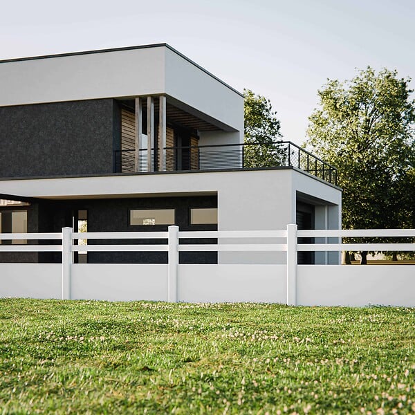 MON MARCHE DECO - Kit Clôture PRO PVC Blanc H. 120 cm x L. 11.30 m - 2 Lisses + 3 Soubassements - large