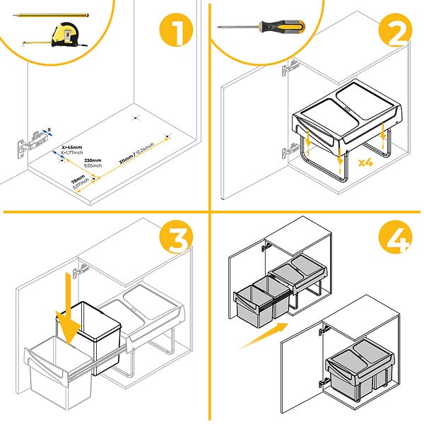 EMUCA - Bac de tri sélectif a montage inférieur et extraction manuelle pour élément de cuisine Recycle, 2x15litres, Plastique Gris antracite - large