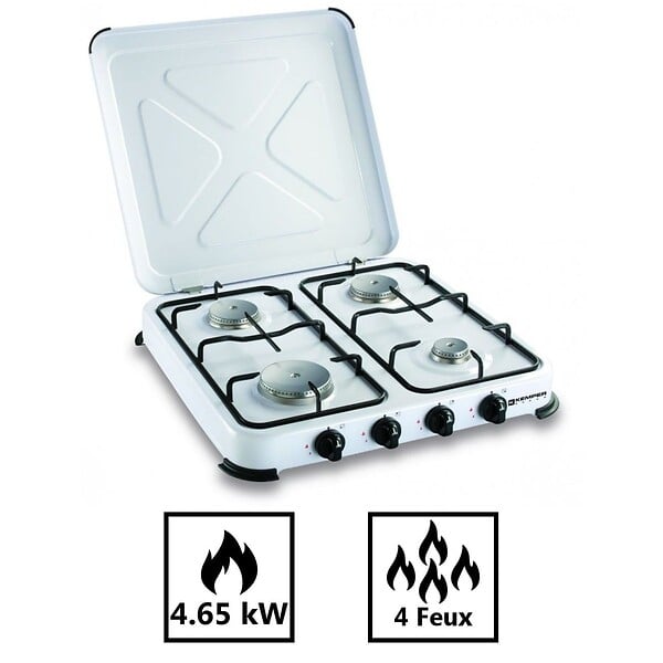 KEMPER - Réchaud gaz portable 4 feux 4650W Blanc laqué Couvercle KEMPER - large