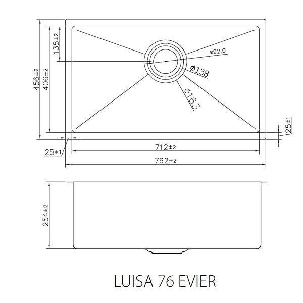 ESSEBAGNO - Luisa évier 1 grande cuve seule 76x45 en inox cuivre brossé - large