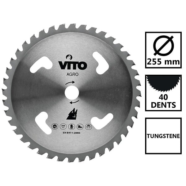VITO - Lame de coupe pour débroussailleuse 40 dents Diam 255mm en Tungstène Alesage 25.4 VITO - large
