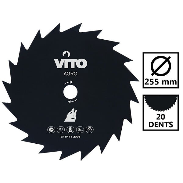 VITO - Lame de coupe pour débroussailleuse 20 dents Diam 255mm Alesage 25.4 VITO - large