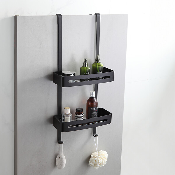 Etagère de douche 2 tablettes à suspendre en aluminium noir - large
