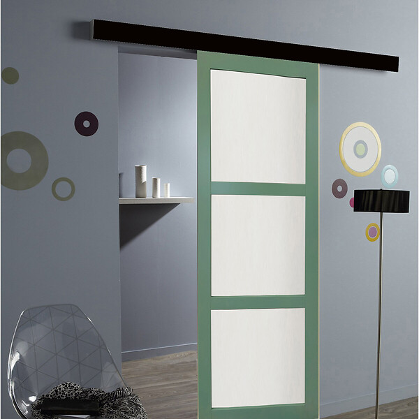 GD MENUISERIES - Porte Coulissante Vert Sauge RAL 6021 Vitrée H204 x L83 cm, rail bandeau noir - large