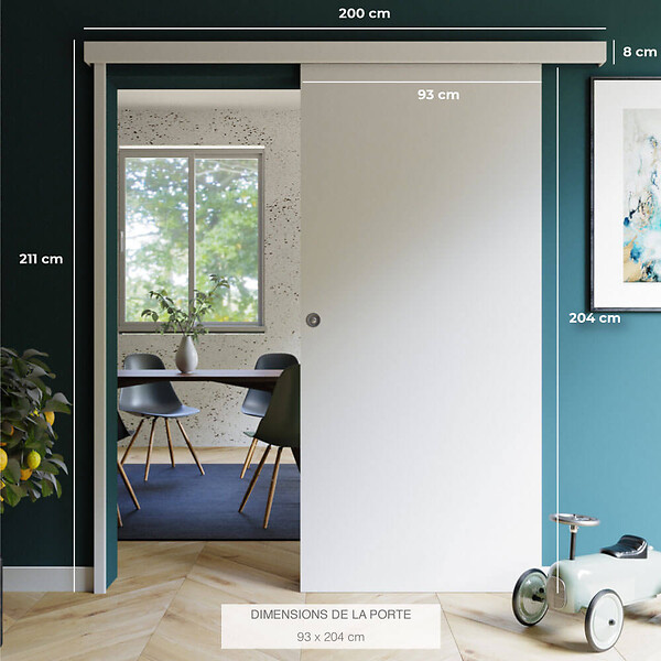 COULICOOL - Porte Coulissante avec Rail + Serrure - Prépeinte Plane 93 cm - large