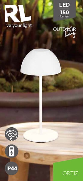 RL - Lampe de table Ortiz incl.1xLED,SMD 2W 3000K 150Lm, Plastique, Blanc,  Diam 9cm H20cm Touche ON/OFF,Variateur tactile, Entrée USB, Fonction mémoire, IP44, Fonctionnement sur batterie - large