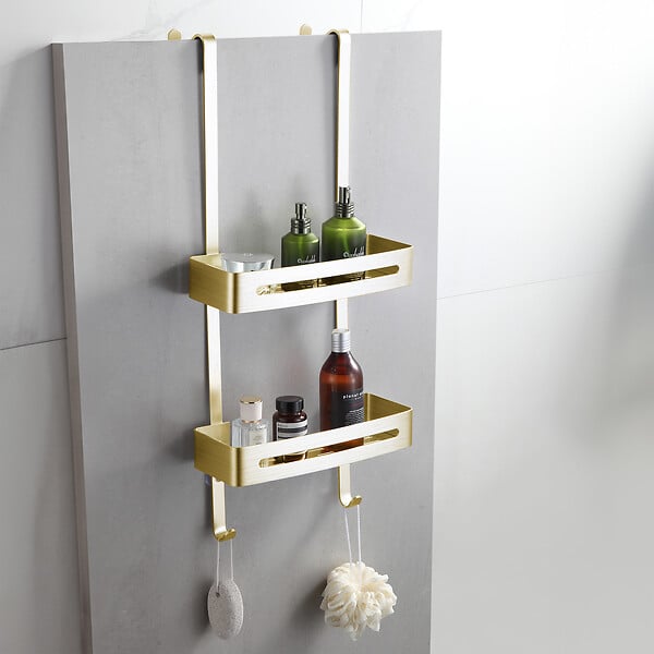Etagère de douche 2 tablettes à suspendre en aluminium doré - large