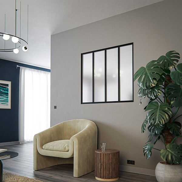 MON MARCHE DECO - Verrière 4 Carreaux - En Kit - Noir Sablé - Verre Dépoli - large