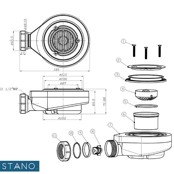 STANO - Bonde horizontale sans capot Ø90 DONA pour receveurs de douche - large