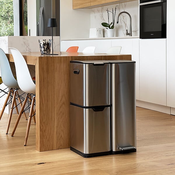 KITCHEN MOVE - Poubelle pédale tri sélectif HAJA argent 60L - large
