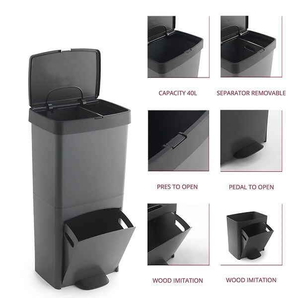KITCHEN MOVE - Poubelle pédale tri sélectif PICEA gris 70L - large