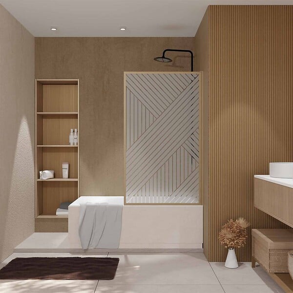 AURLANE - Pare baignoire pivotant 140x80 cm HINATA - style Japandi géométrique - Cadre effet bois - Verre 5 mm - large