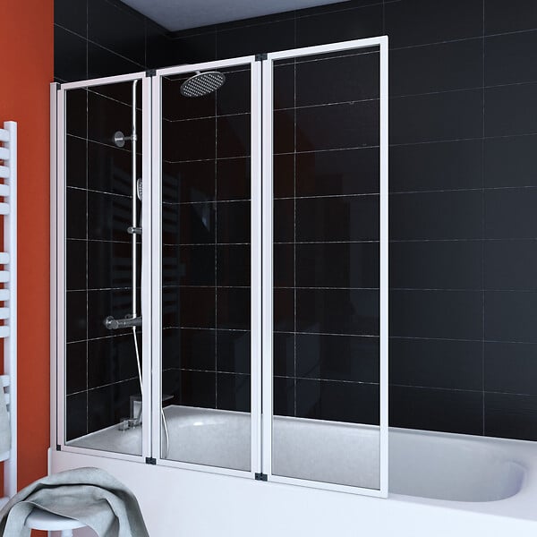 AURLANE - Pare baignoire Pivotant 3 Volets Blanc - 125x143 cm - Verre Trempé 4 mm - ZAGGY WHITE - large