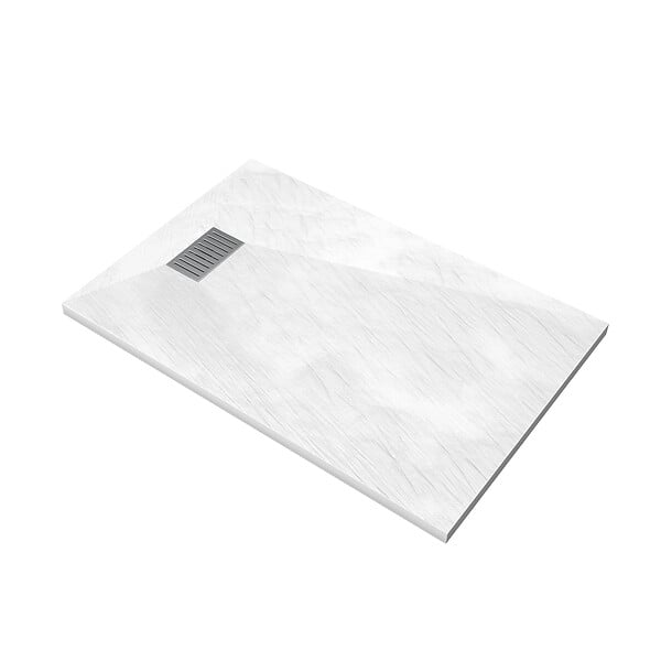 AURLANE - Receveur de douche Blanc Effet Pierre 90x140 cm et Grille décor Linéaire en Inox - large