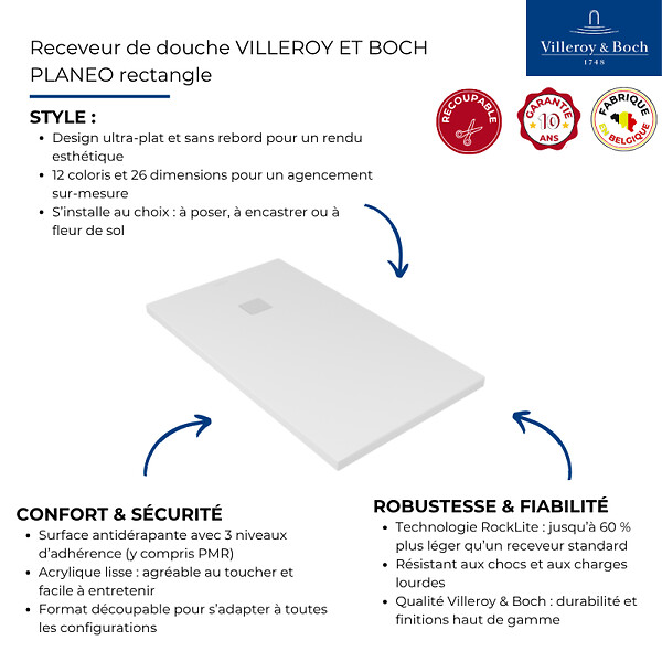 VILLEROY & BOCH - Receveur de douche PLANEO rectangulaire Blanc ultra plat et sans bord - Receveur douche-Dimensions:900X1200-PLANEO BLANC. - VILLEROY ET BOCH - large