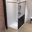 AURLANE - Pack Paroi de douche 120x200 cm noir mat - verre trempe 5mm + Receveur extra plat à poser - caniveau - vignette